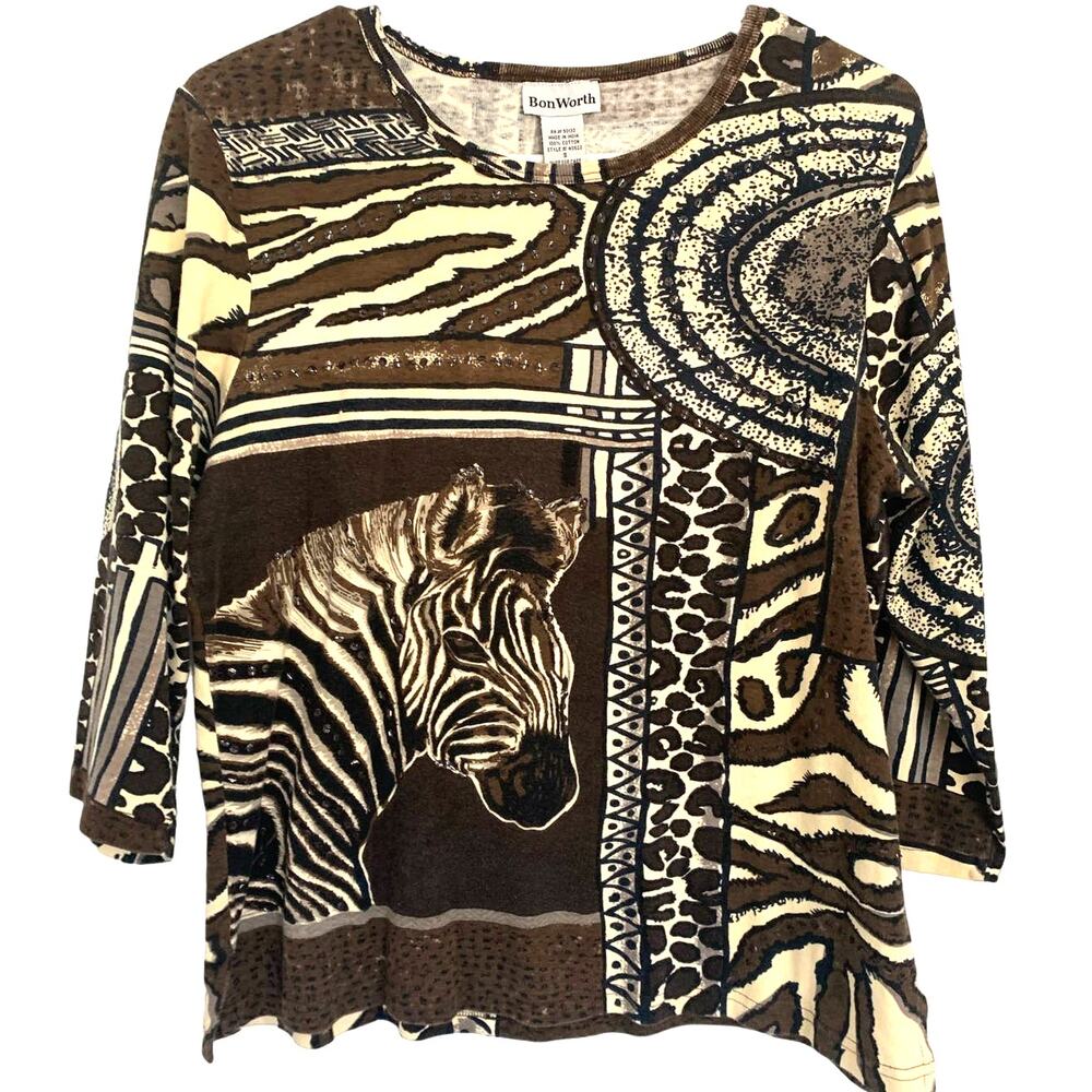 Bon Worth Animal Print Top Small Brown Zebra Safari Beaded Artsy Boho Stretch
